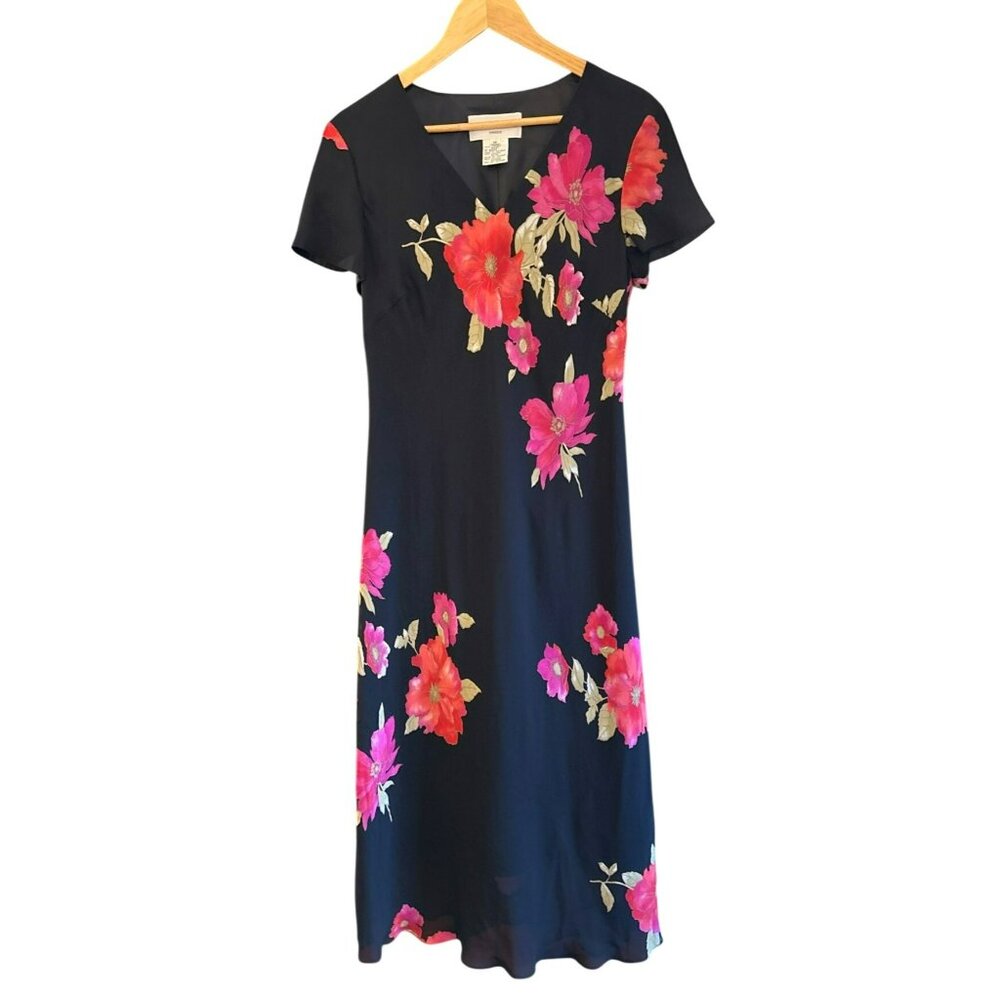 Vintage Evan Picone Black Floral Flouncy Midi Dress SIze 16 Y2K 2000s Flowy